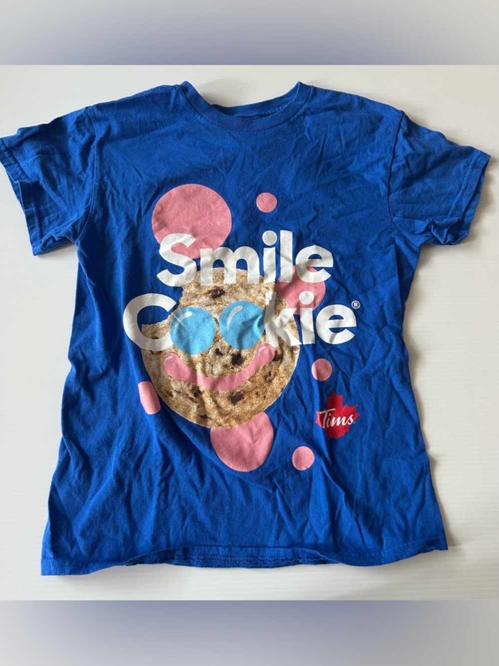 Tim Hortons Blue Smile Cookie Graphic Tee with Pink Accents
